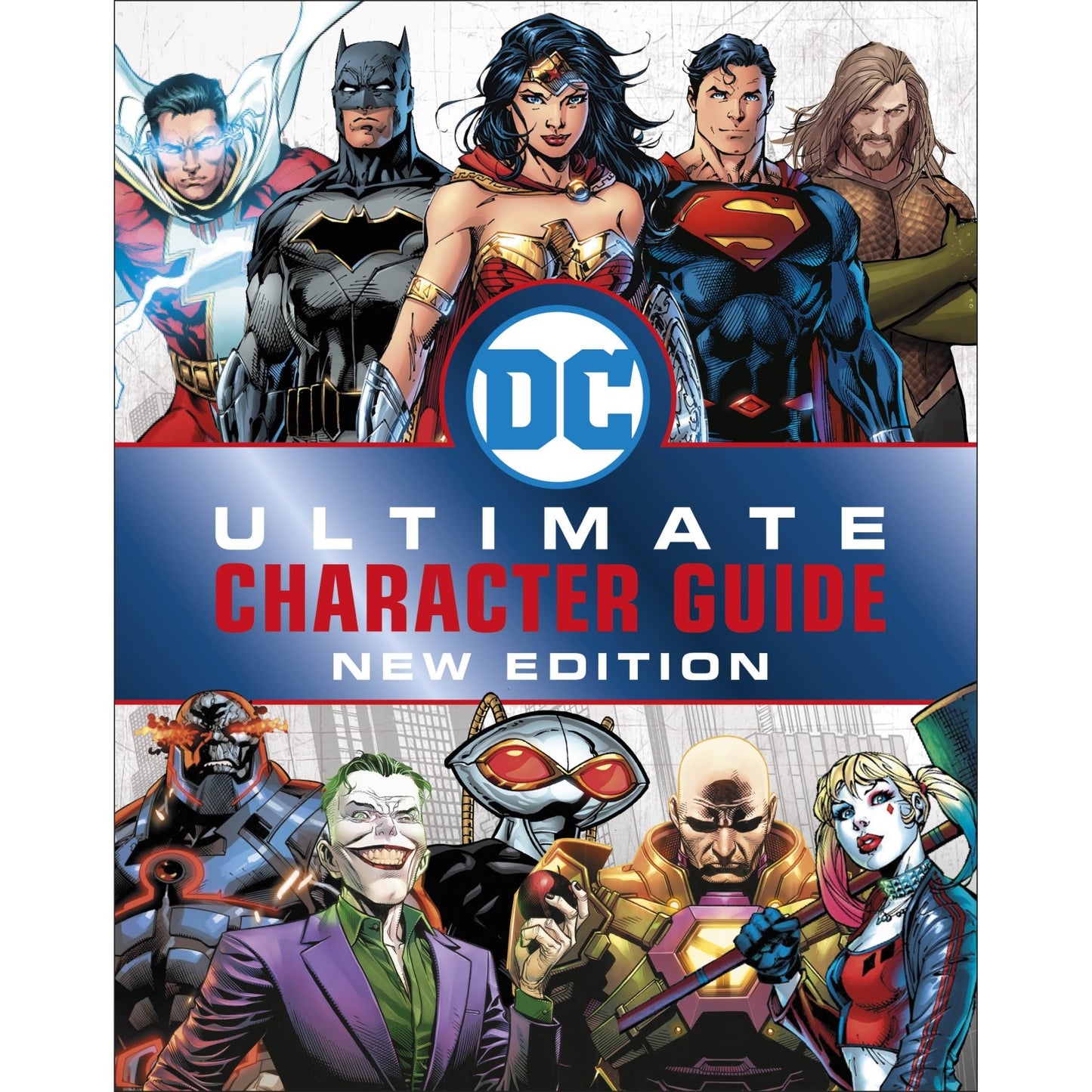 DC Comics Ultimate Character Guide New Edition Book cover featuring colorful illustrations of many superheroes and villains