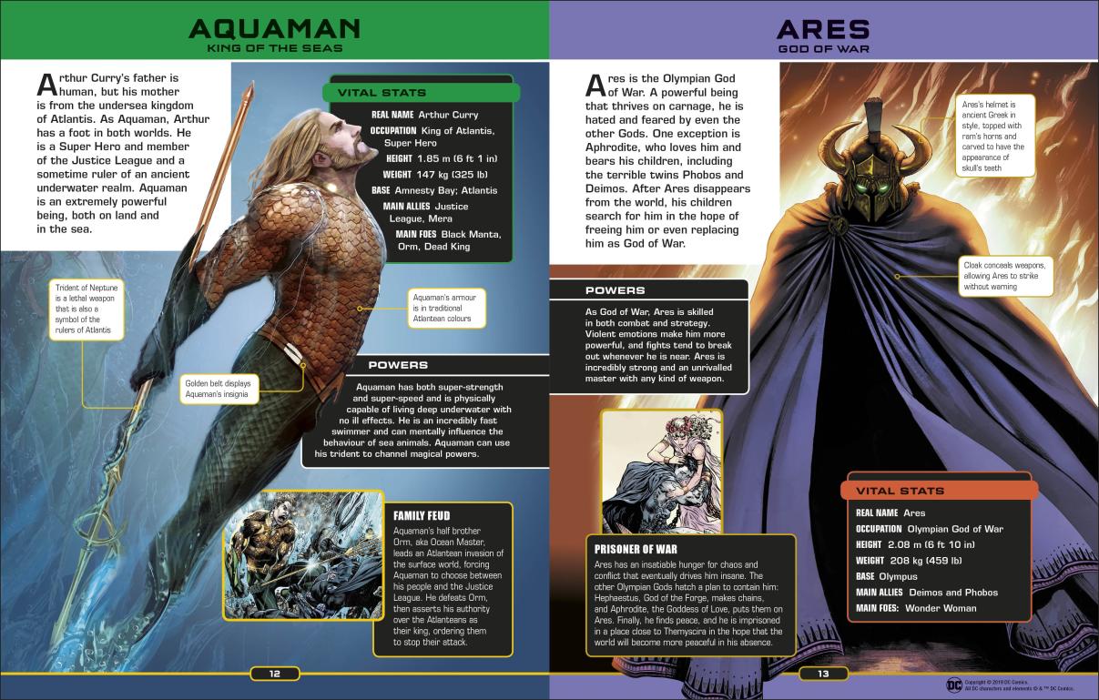 A two-page spread from the DC Comics Ultimate Character Guide New Edition book features a man in a scaled suit with a trident and a figure in a horned helmet and flowing cloak