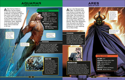 A two-page spread from the DC Comics Ultimate Character Guide New Edition book features a man in a scaled suit with a trident and a figure in a horned helmet and flowing cloak