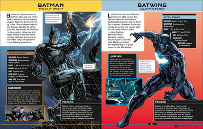 A two-page spread from the DC Comics Ultimate Character Guide New Edition Book shows Batman on the left and Batwing on the right, each with character images and descriptive text