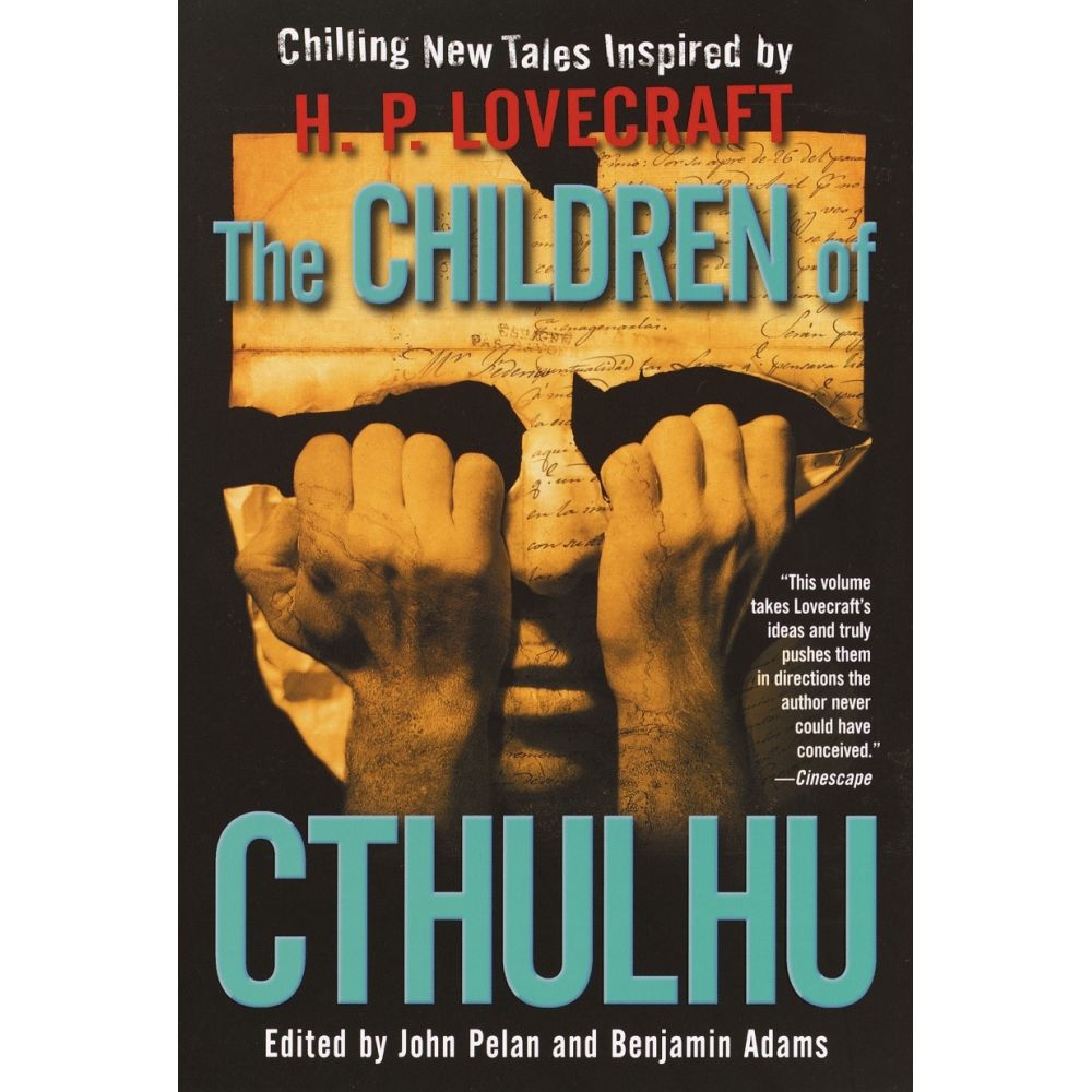The Children of Cthulhu Stories Book cover features hands tearing parchment, revealing a shadowy face, with the title prominently displayed