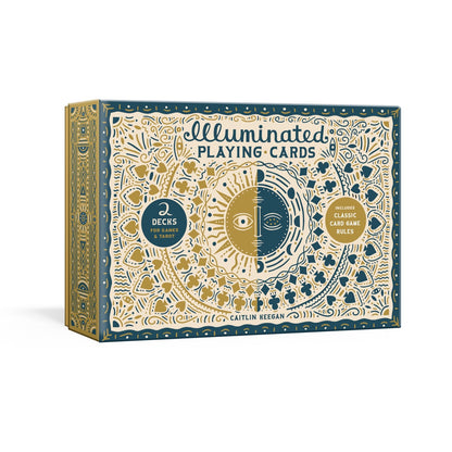 Dark blue and gold "Illuminated Playing Cards" box with a stylized sun and moon face