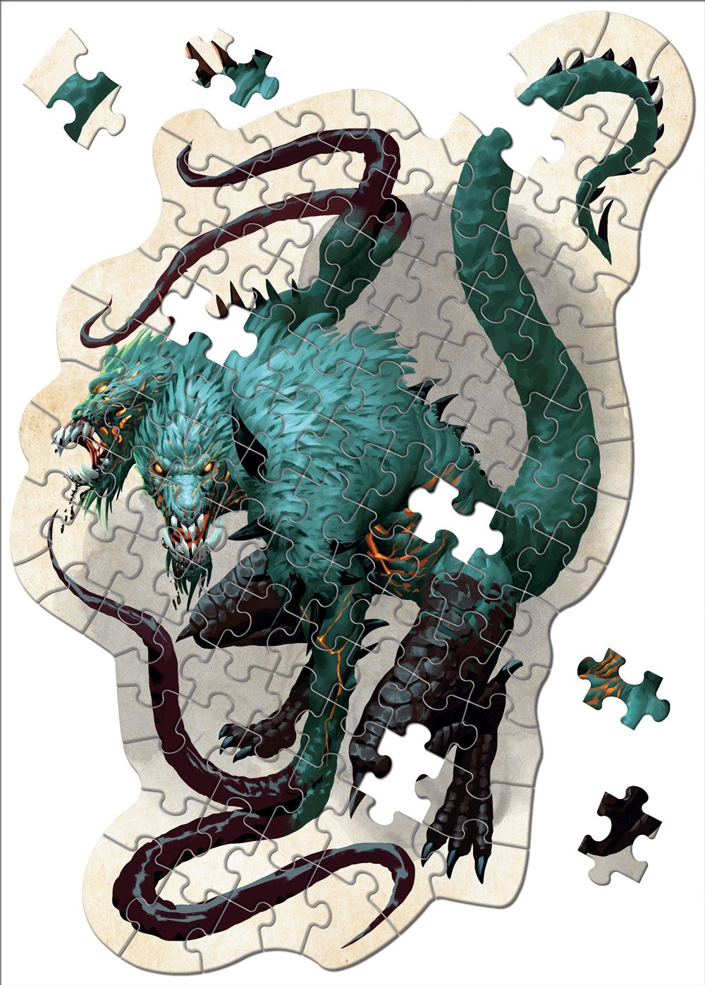 A Demogorgon Edition jigsaw puzzle depicting a two-headed teal monster with sharp teeth, dark tentacles, and claws, some pieces are separated
