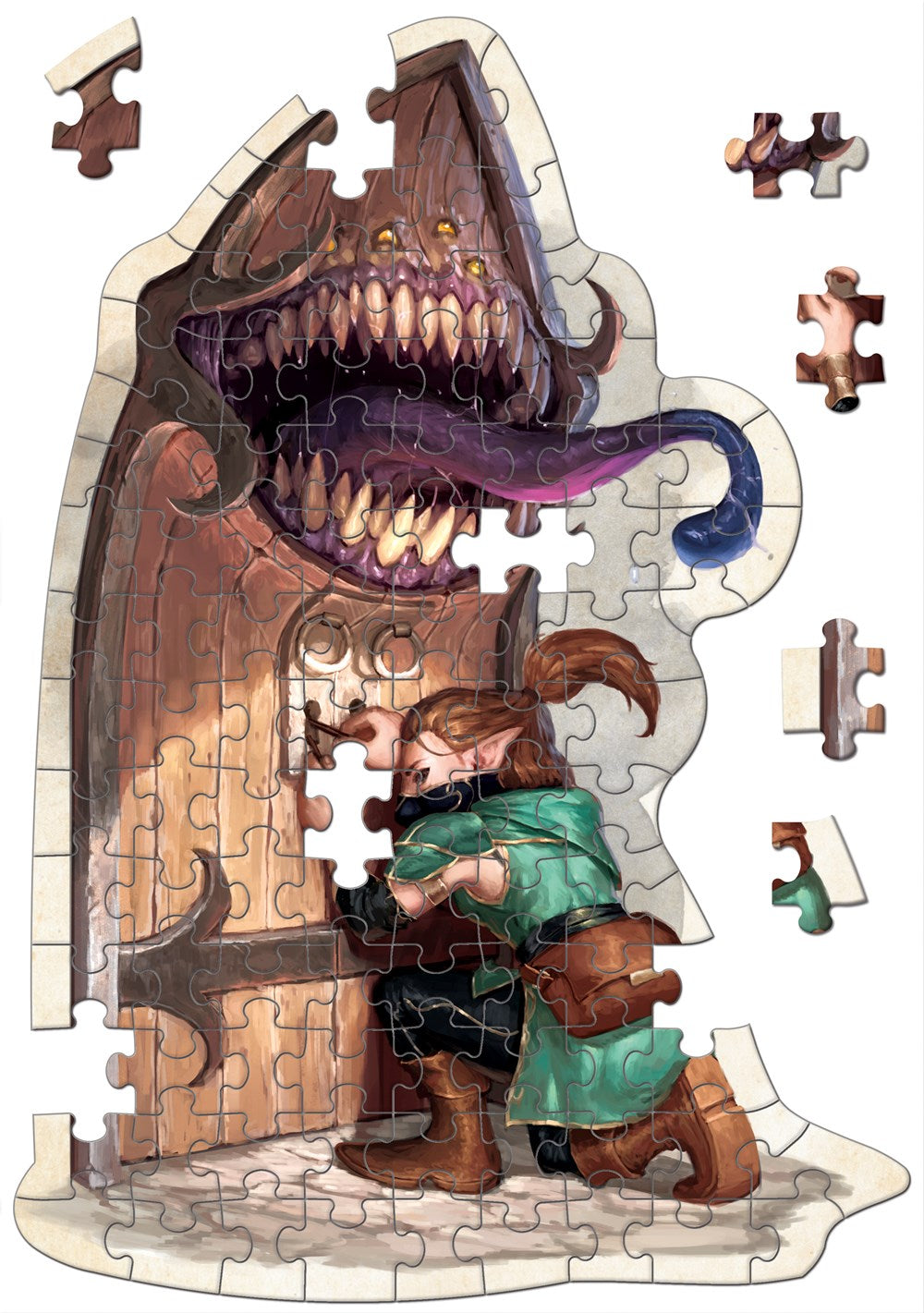 A Dungeons & Dragons Mini Shaped Mimic Edition jigsaw puzzle shows a small adventurer trying to open a door that is a monster with many teeth and a long tongue