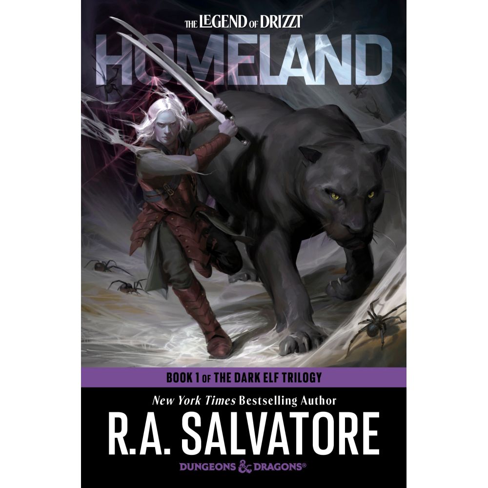 Homeland book cover: Dark elf with twin scimitars and black panther in a dark, spider-webbed cave.