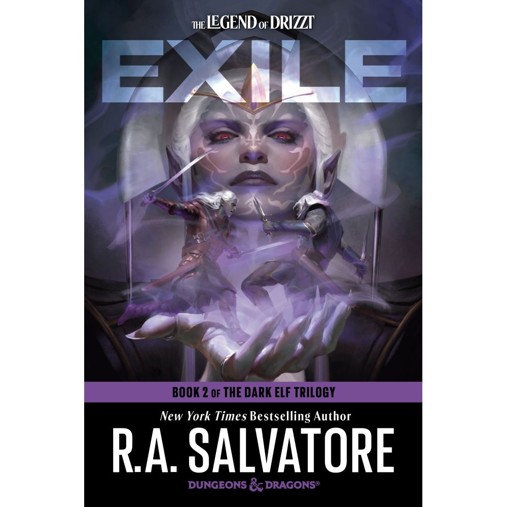 Book cover: 'Exile'. A large, pale-skinned drow with glowing red eyes overlooks two fighting drow held in ghostly hands.