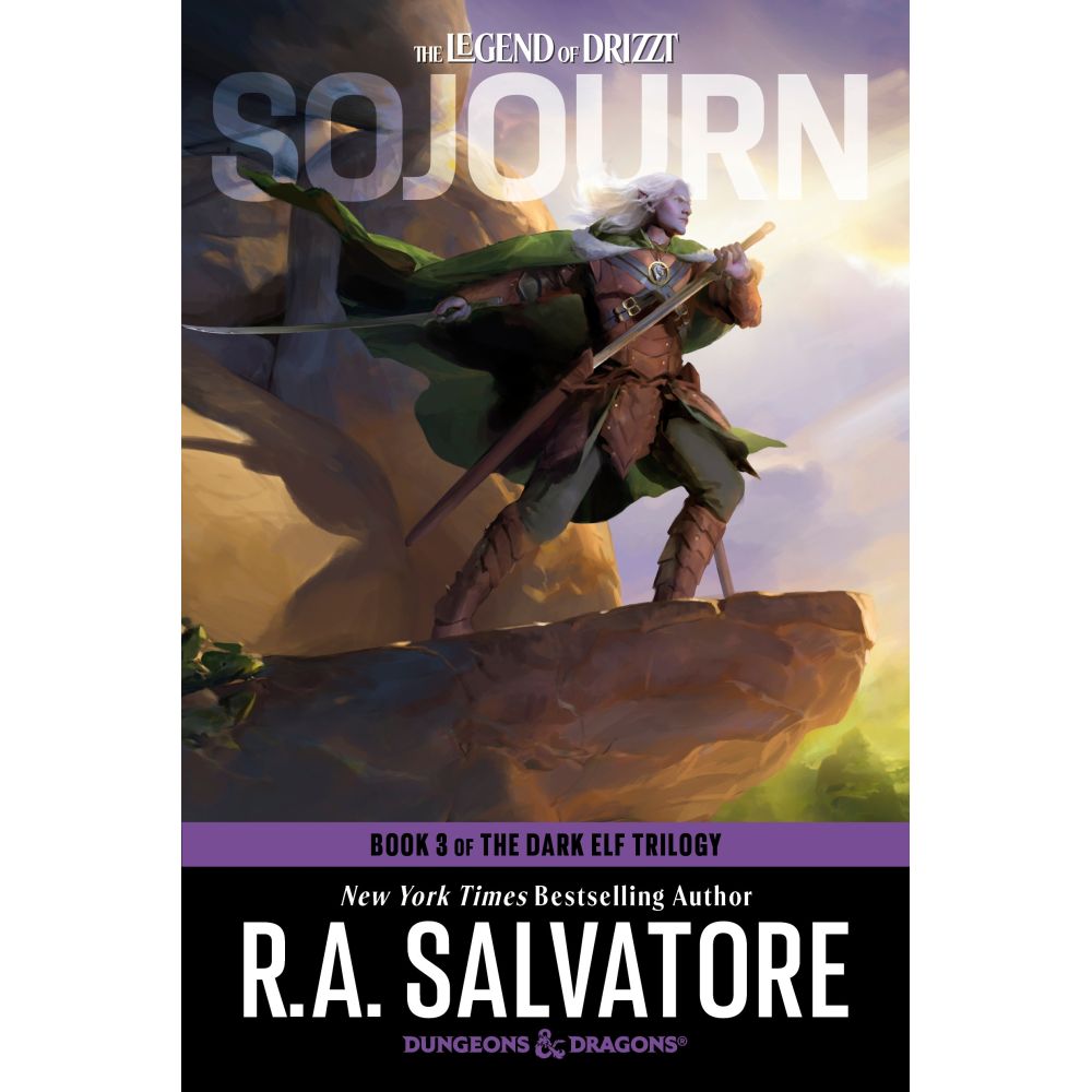 Sojourn book cover: White-haired elf warrior with two scimitars stands triumphantly on a cliff, bathed in sunlight