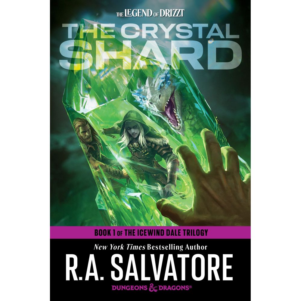 Book cover: Hand reaches for a large, glowing green crystal shard containing a warrior, hooded elf, and dragon