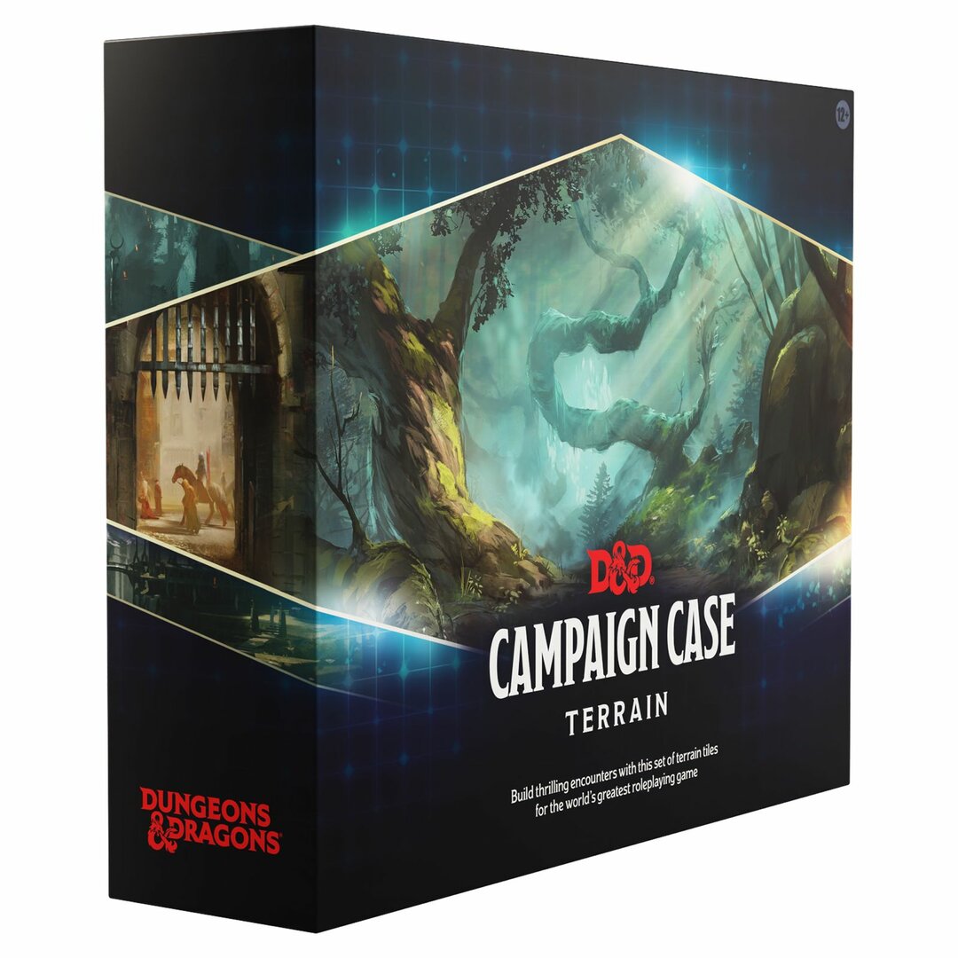 Dungeons Dragons Campaign Case Terrain a black board game box featuring an open castle gate and a forest with twisted trees