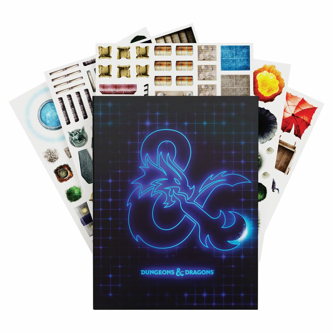 Dungeons Dragons Campaign Case Terrain featuring a neon blue dragon ampersand logo on a grid background with various terrain tiles and dungeon features scattered around