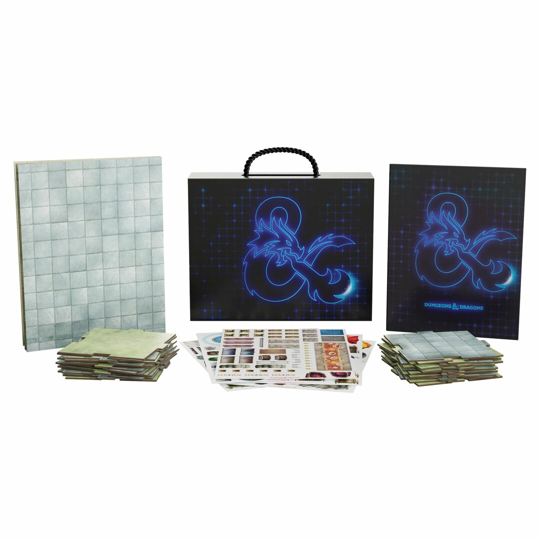 Dungeons and Dragons Campaign Case Terrain with modular map tiles a large gridded battle map and sheets of terrain tokens for fantasy roleplaying