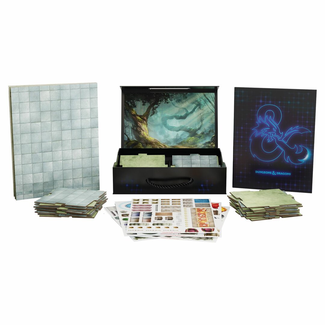 Dungeons Dragons Campaign Case Terrain set featuring foldable map boards with grid patterns terrain tiles and accessory sheets in an open storage case