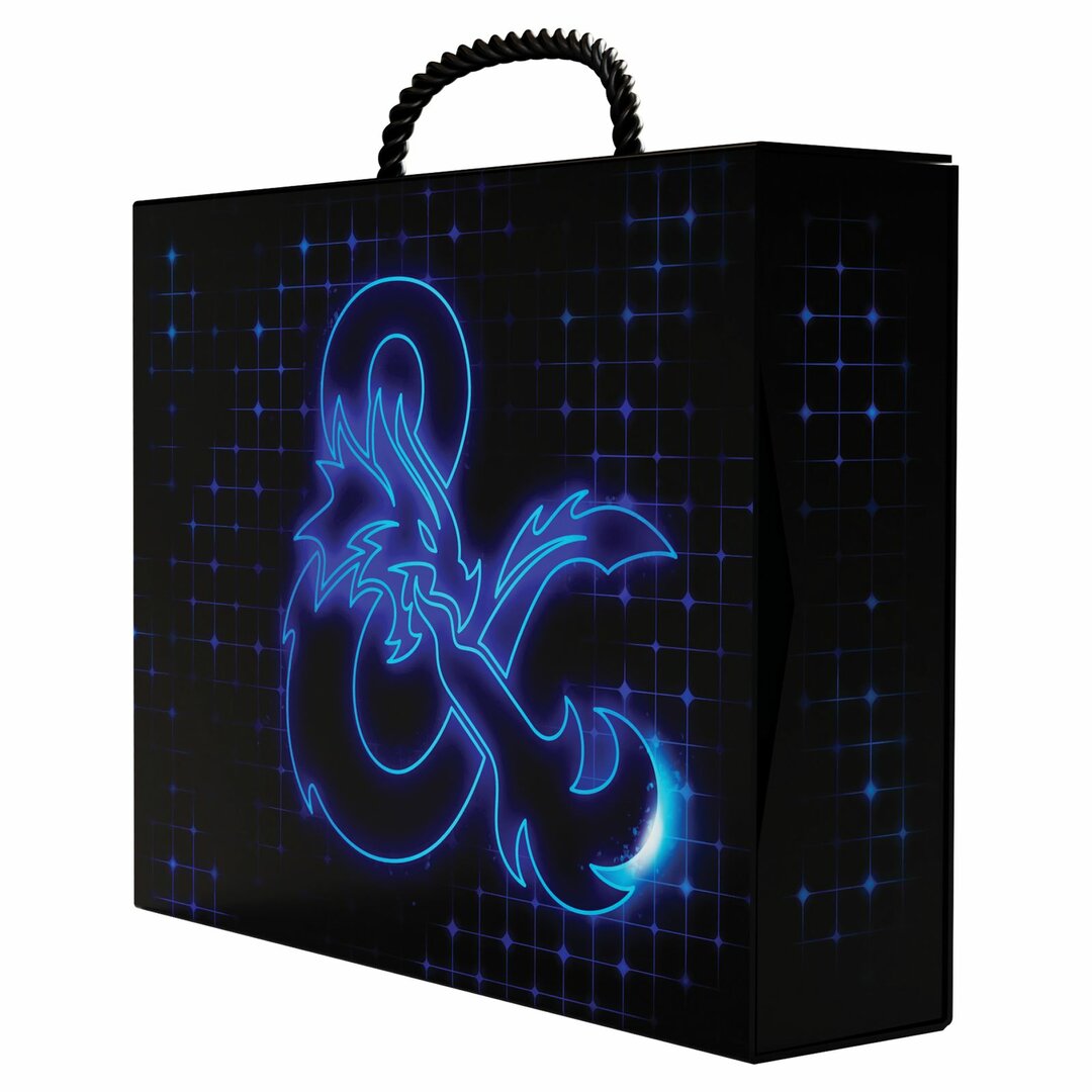 Dungeons Dragons Campaign Case Terrain with a glowing blue dragon ampersand logo on a black grid background ideal for tabletop gamers