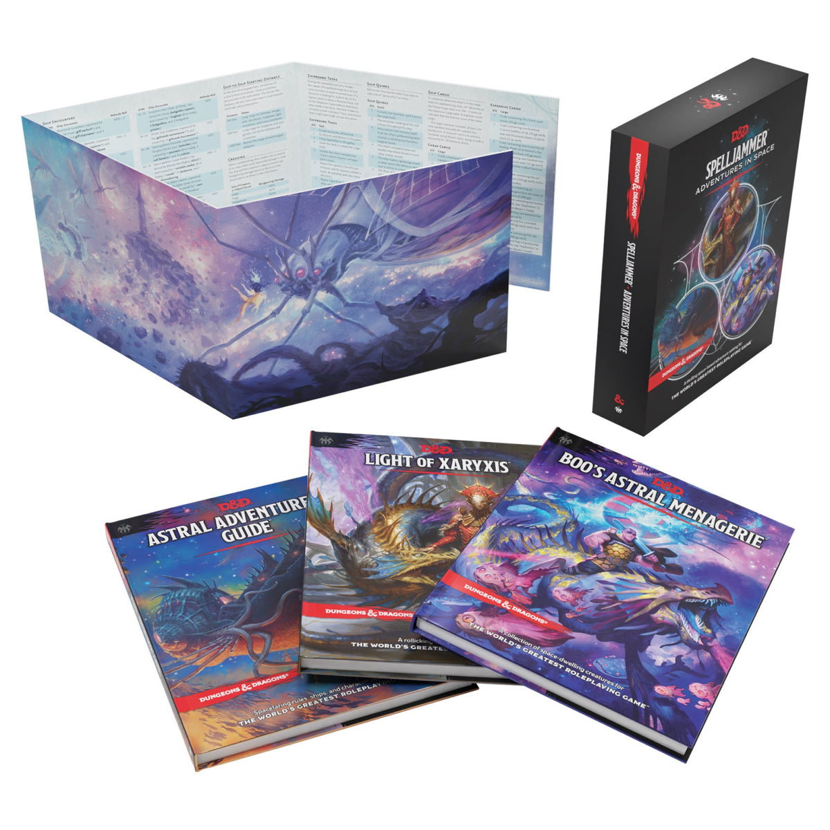 Dungeons Dragons Spelljammer Adventures in Space hardcover box set with three books and a DM screen featuring vibrant celestial artwork