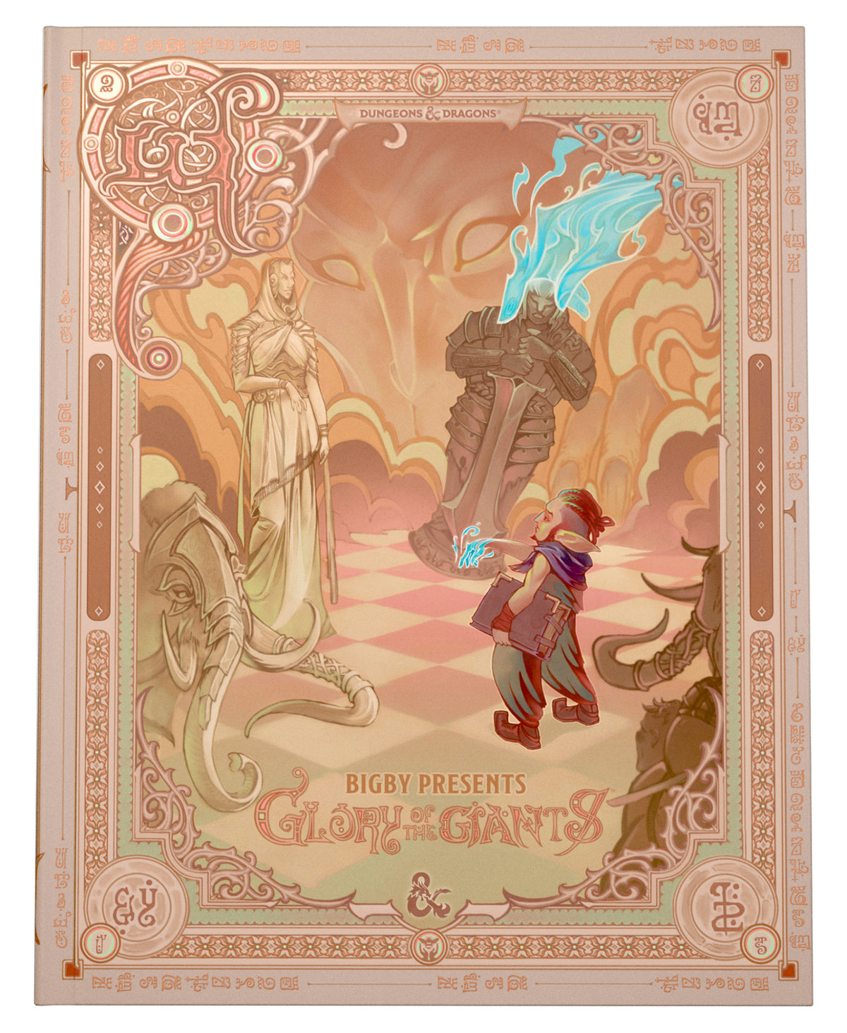 Bigby Presents Glory of the Giants Dungeons Dragons alternative cover hardcover featuring a colorful art nouveau style with mythological figures and fantasy creatures