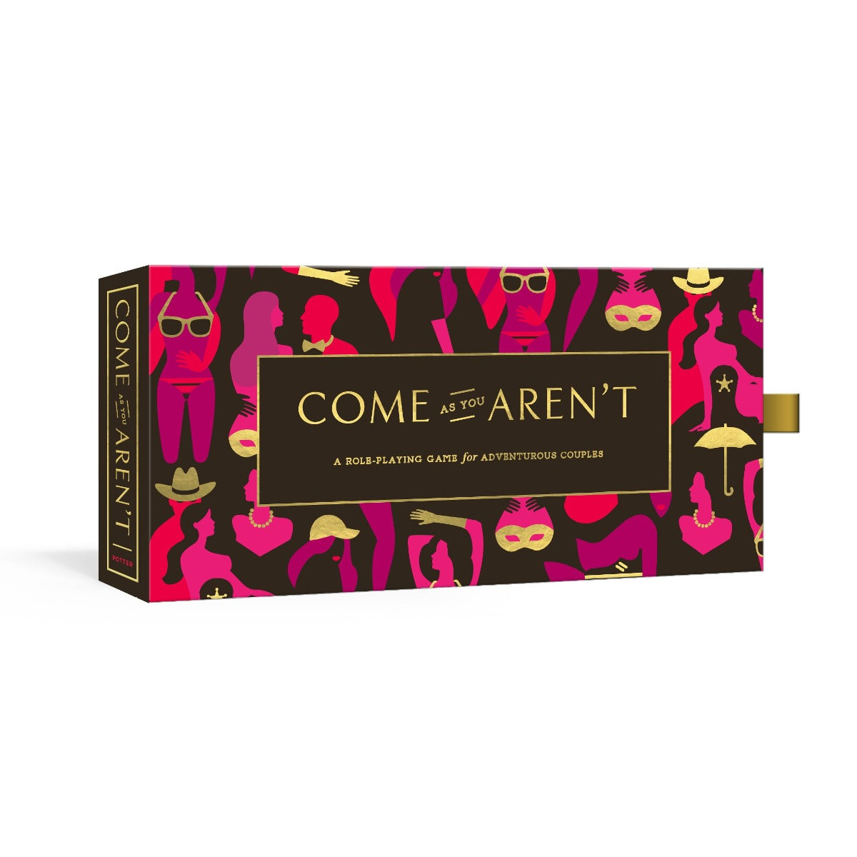A black and gold slip-case box for the "Come As You Aren't" role-playing game for adventurous couples, adorned with pink and gold silhouettes of costumed people and accessories