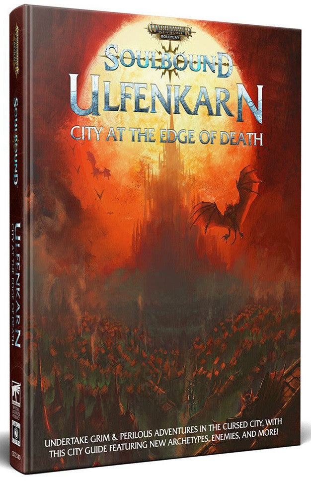 Warhammer Age of Sigmar Soulbound Ulfenkarn City at the Edge of Death RPG core book with a dark fantasy city flying bats and a blood-red sky
