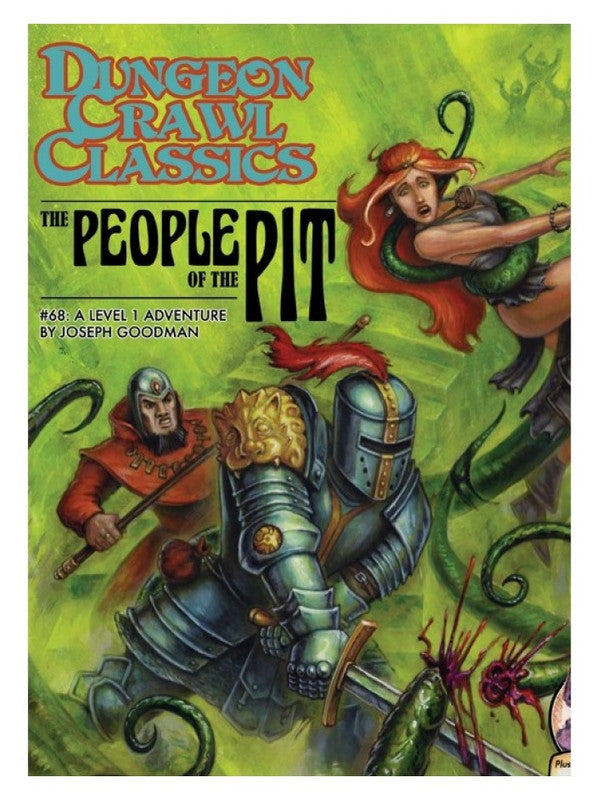 Dungeon Crawl Classics: The People of the Pit module cover, a knight, wizard, and a woman entangled by green tentacles battle in a dark, monster-filled pit
