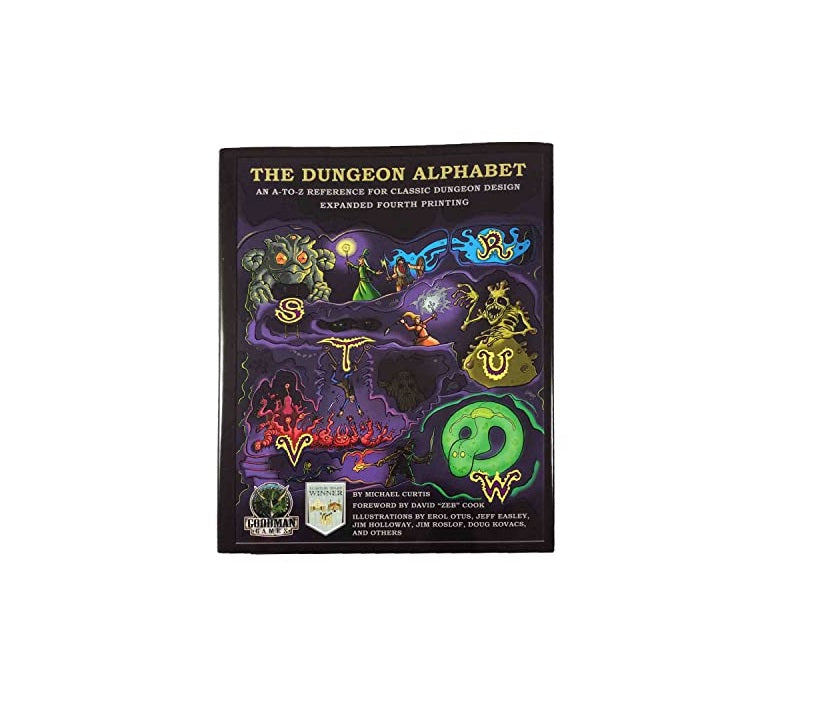The Dungeon Alphabet book cover, dark fantasy art depicting creatures and letters (S, T, U, V, W) related to dungeon design