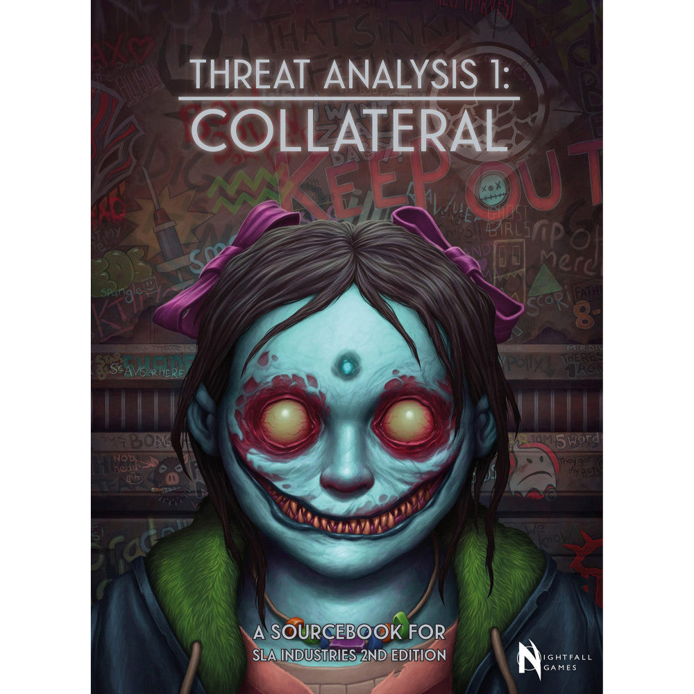 Book cover: Blue-skinned girl with glowing eyes, wide jagged smile, and pink bows