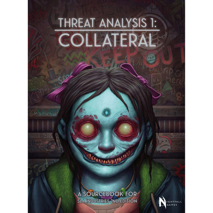 Book cover: Blue-skinned girl with glowing eyes, wide jagged smile, and pink bows
