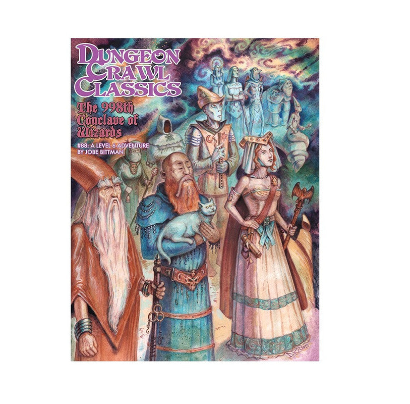 Dungeon Crawl Classics: The 998th Conclave of Wizards cover, fantasy art with an old wizard, a man holding a white cat, and a crowned woman with a staff