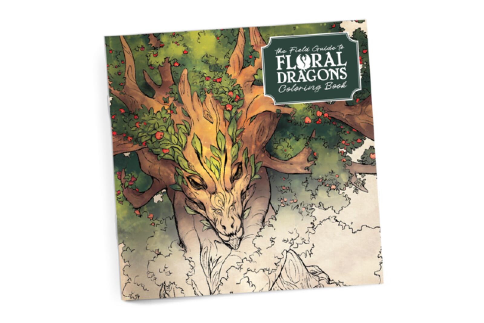 The Field Guide to Floral Dragons Coloring Book cover, featuring a tree-dragon, partially colored with foliage