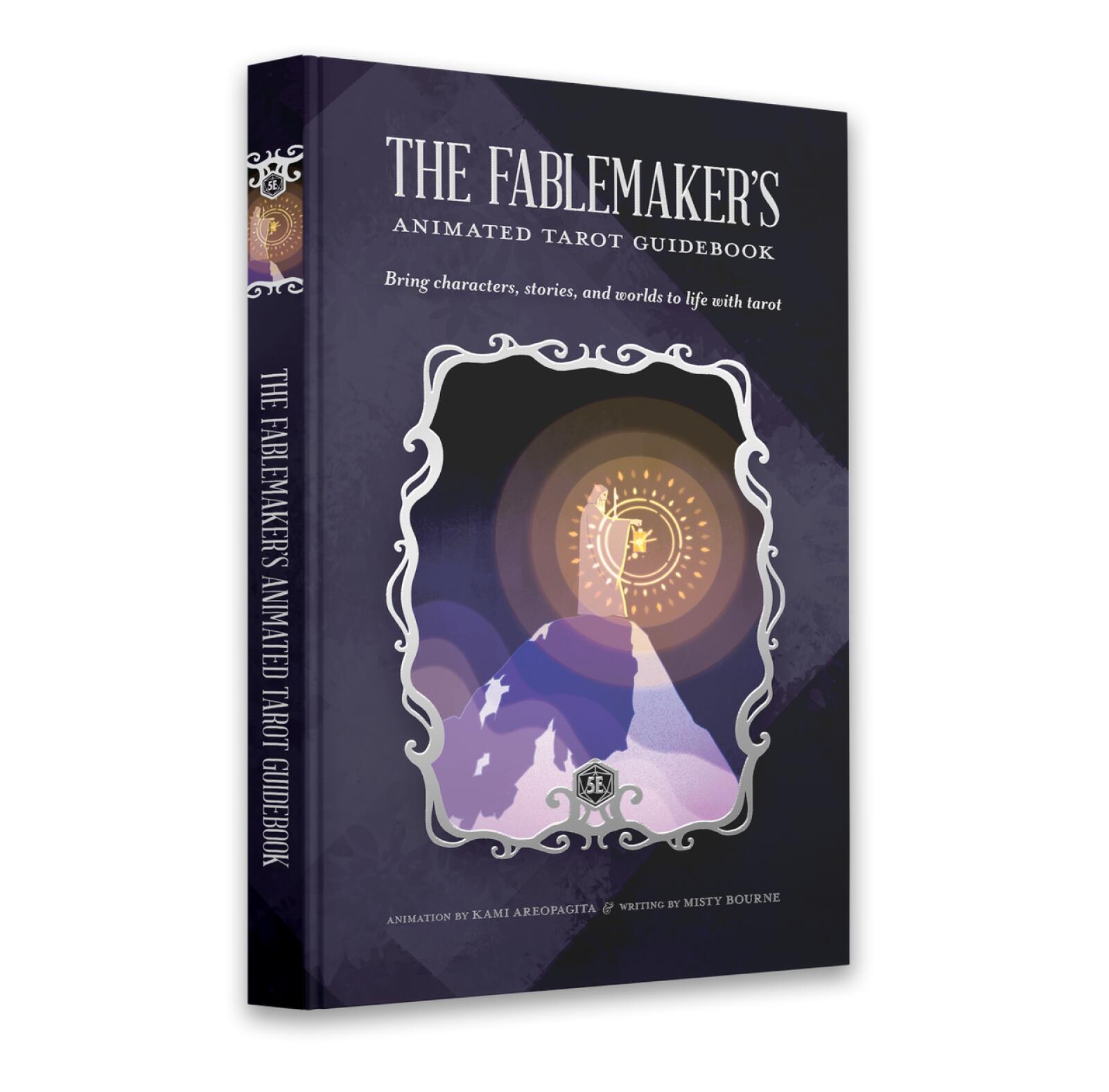 The Fablemaker's Animated Tarot Guidebook, a dark purple book with a hooded figure holding a glowing lantern on a mountain.