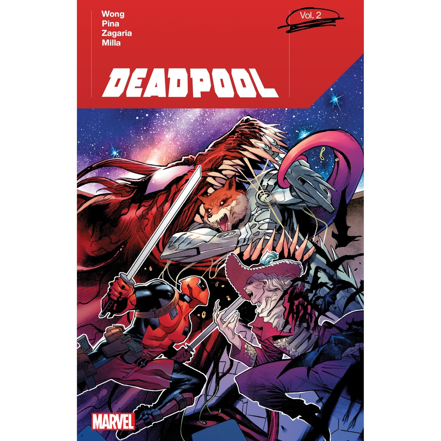 Deadpool Vol 2 graphic novel cover shows Deadpool with katanas fighting a fox-headed symbiote creature and a vampire-like figure against a starry space background