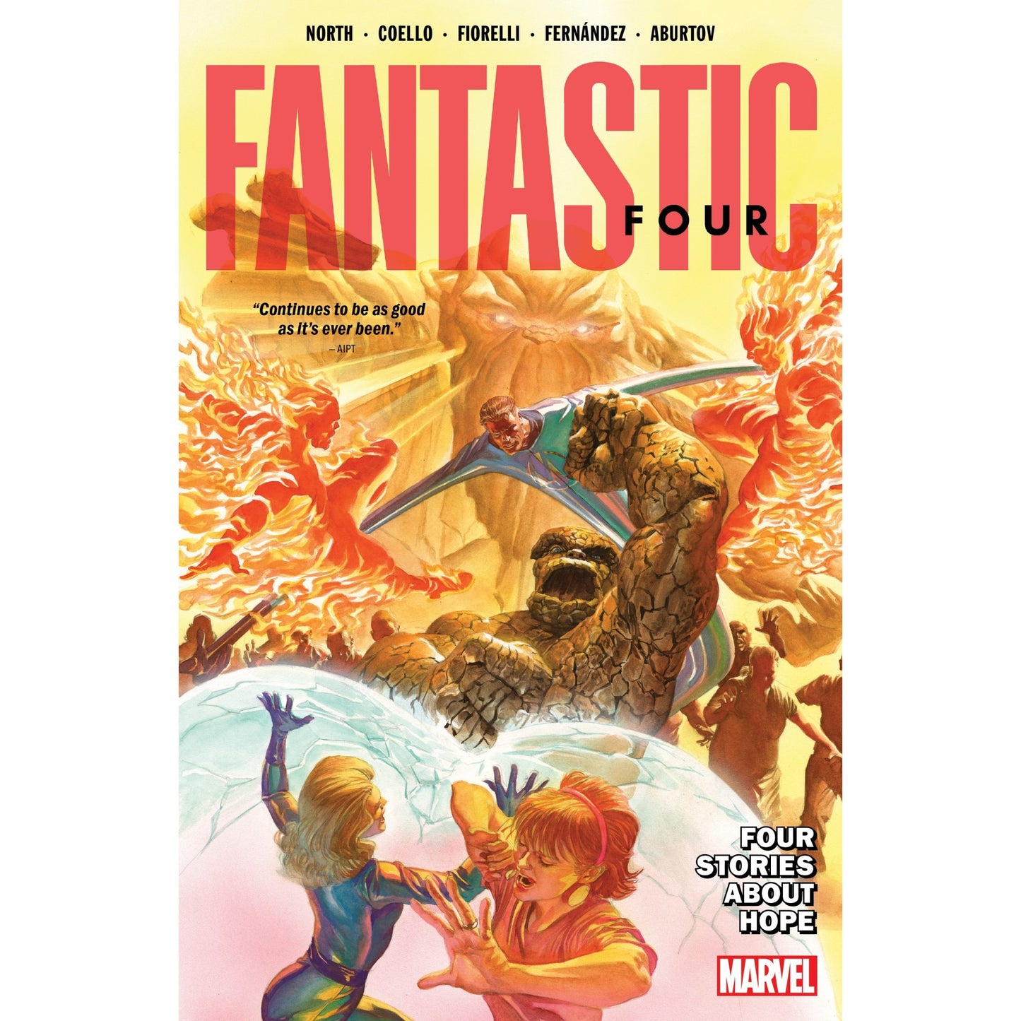 Fantastic Four comic cover: The team battles a giant rocky foe. Invisible Woman shields a girl, Human Torch, Mr. Fantastic, and Thing attack