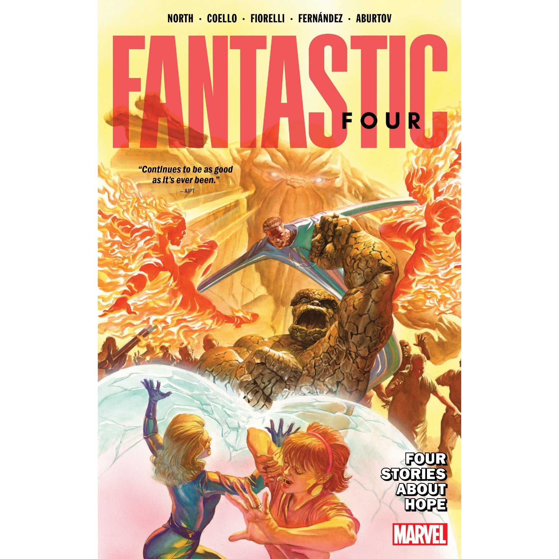 Fantastic Four comic cover: The team battles a giant rocky foe. Invisible Woman shields a girl, Human Torch, Mr. Fantastic, and Thing attack