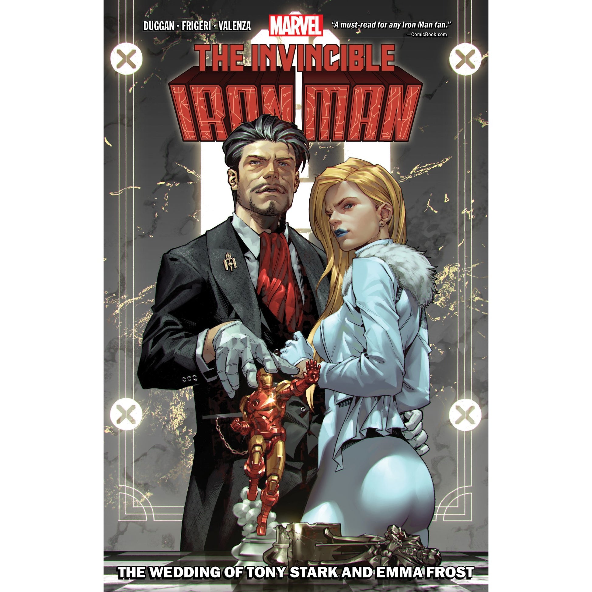 Invincible Iron Man comic: Tony Stark and Emma Frost -  dressed for their wedding -  hold an Iron Man figure