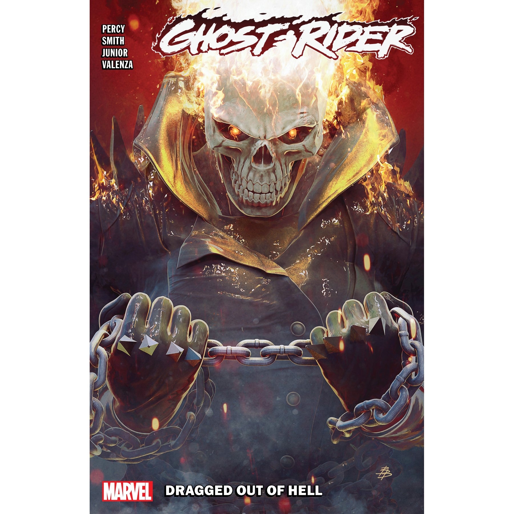 Ghost Rider's flaming skull and glowing eyes gaze forward, as his chained, studded hands clench a heavy link