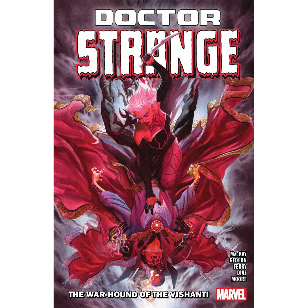 A Doctor Strange graphic novel cover features a pink-haired woman with a sword attacking an inverted figure in a flowing red cloak