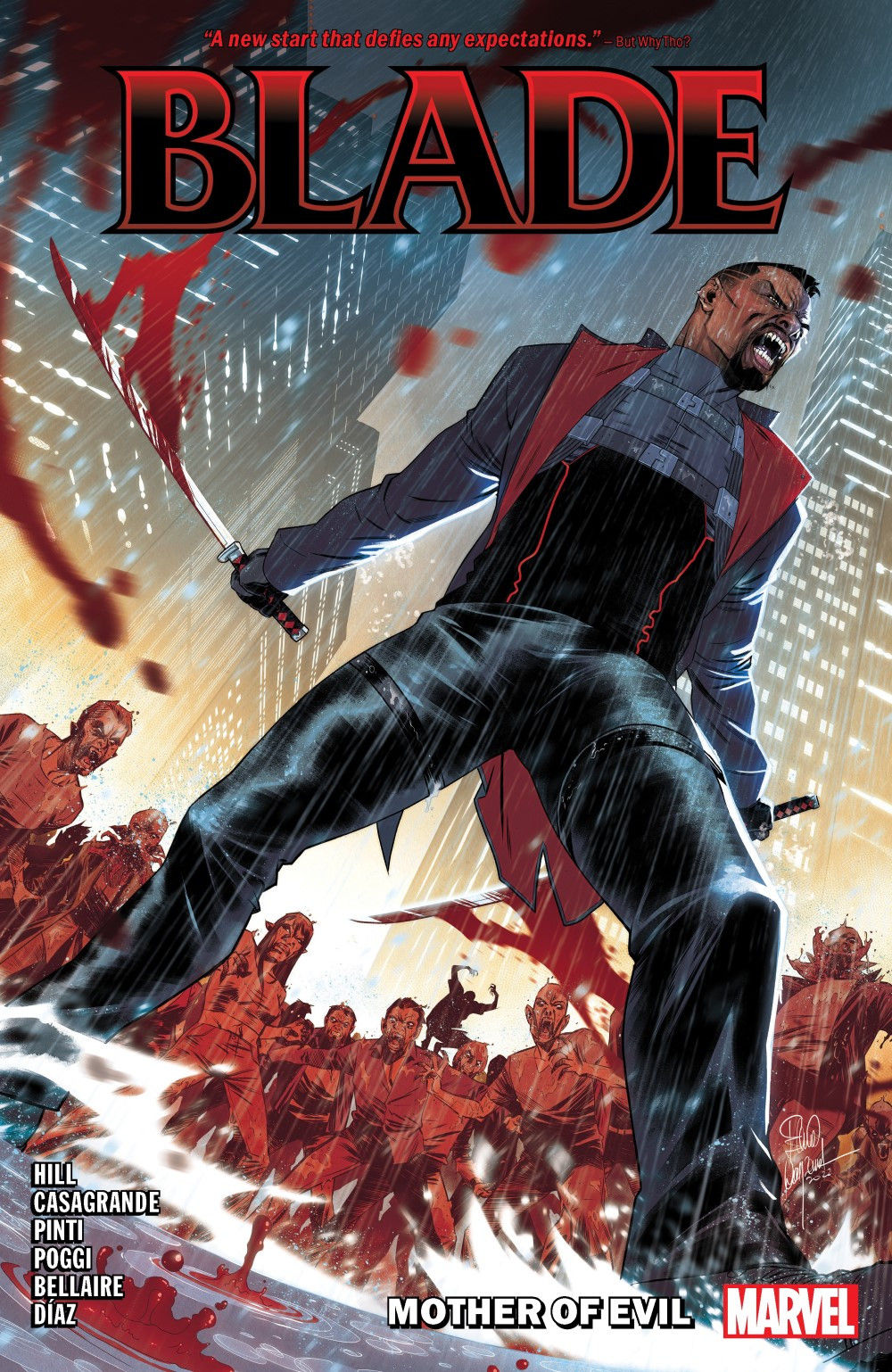 Blade, a Black man with fangs, attacks a horde of red-skinned creatures with a bloody katana in a rainy cityscape