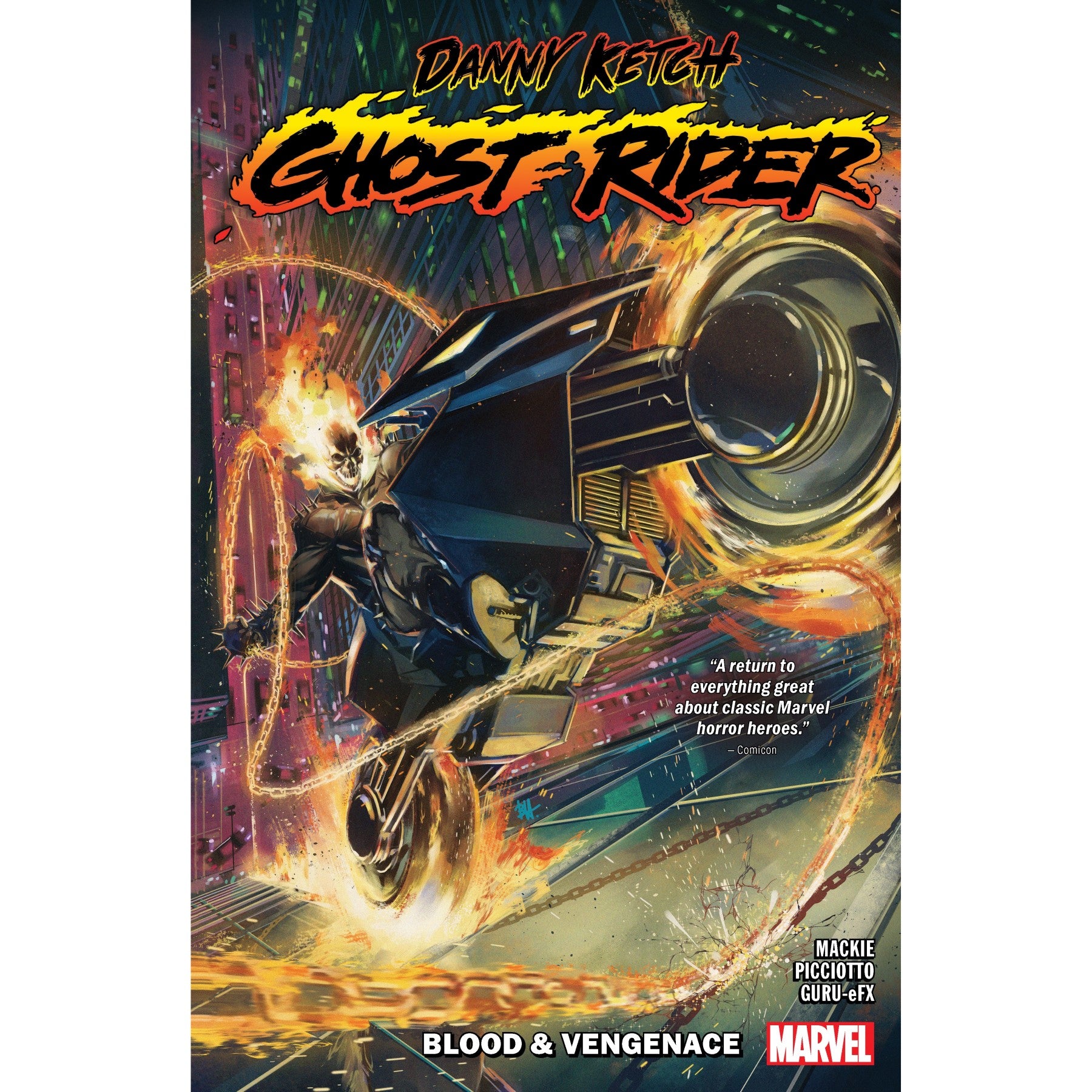 A Ghost Rider graphic novel cover depicting Ghost Rider on a flaming motorcycle with a skull head and fiery chain, speeding through a city at night