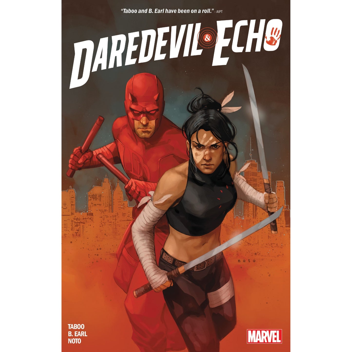 A graphic novel cover features a masked man in a red suit with batons and a woman with two swords over a city background