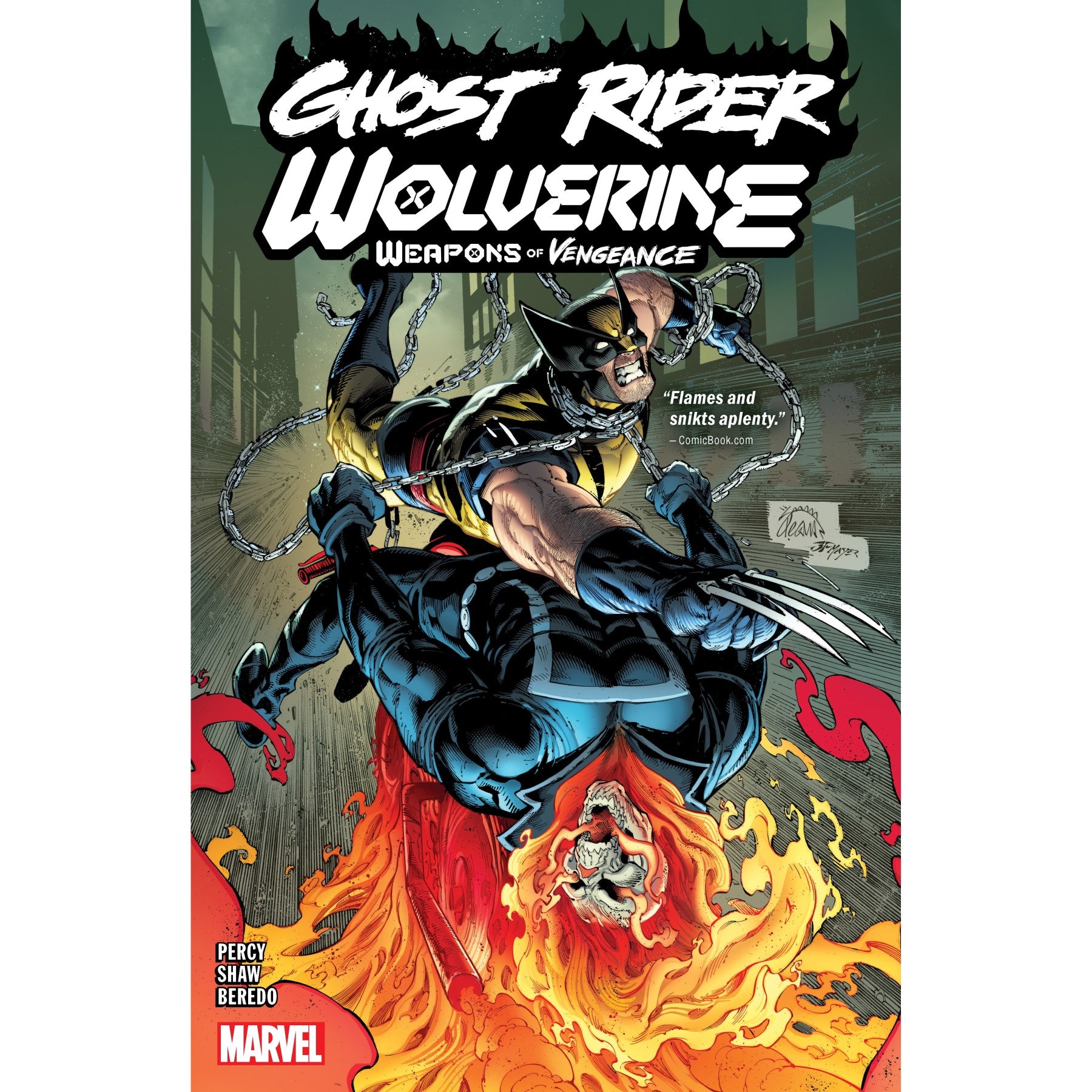 Wolverine, claws extended, battles flaming Ghost Rider, entwined in chains. Ghost Rider Wolverine comic cover