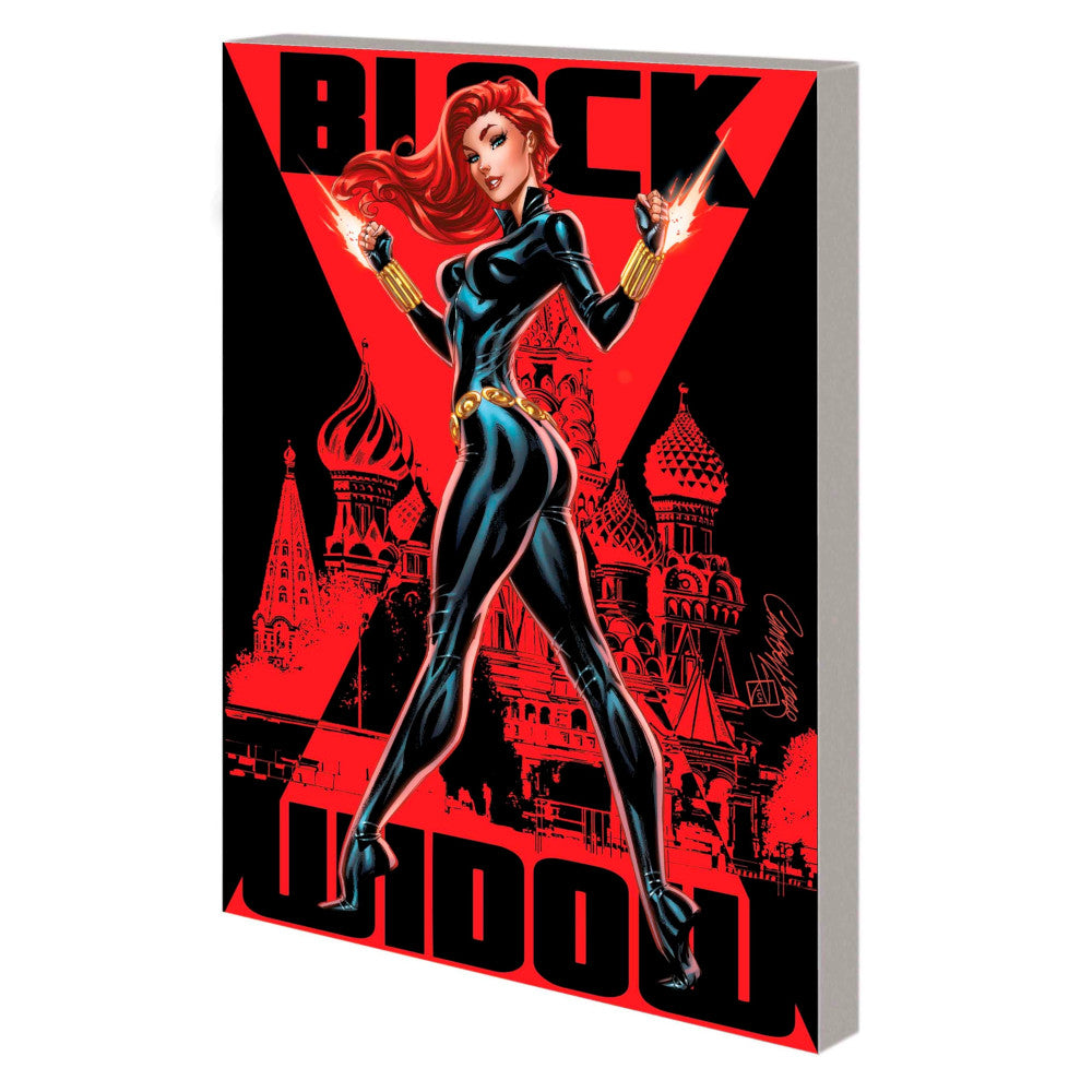 Black Widow in a black suit, red hair, striding with glowing wrist stingers against a red X and Moscow domes