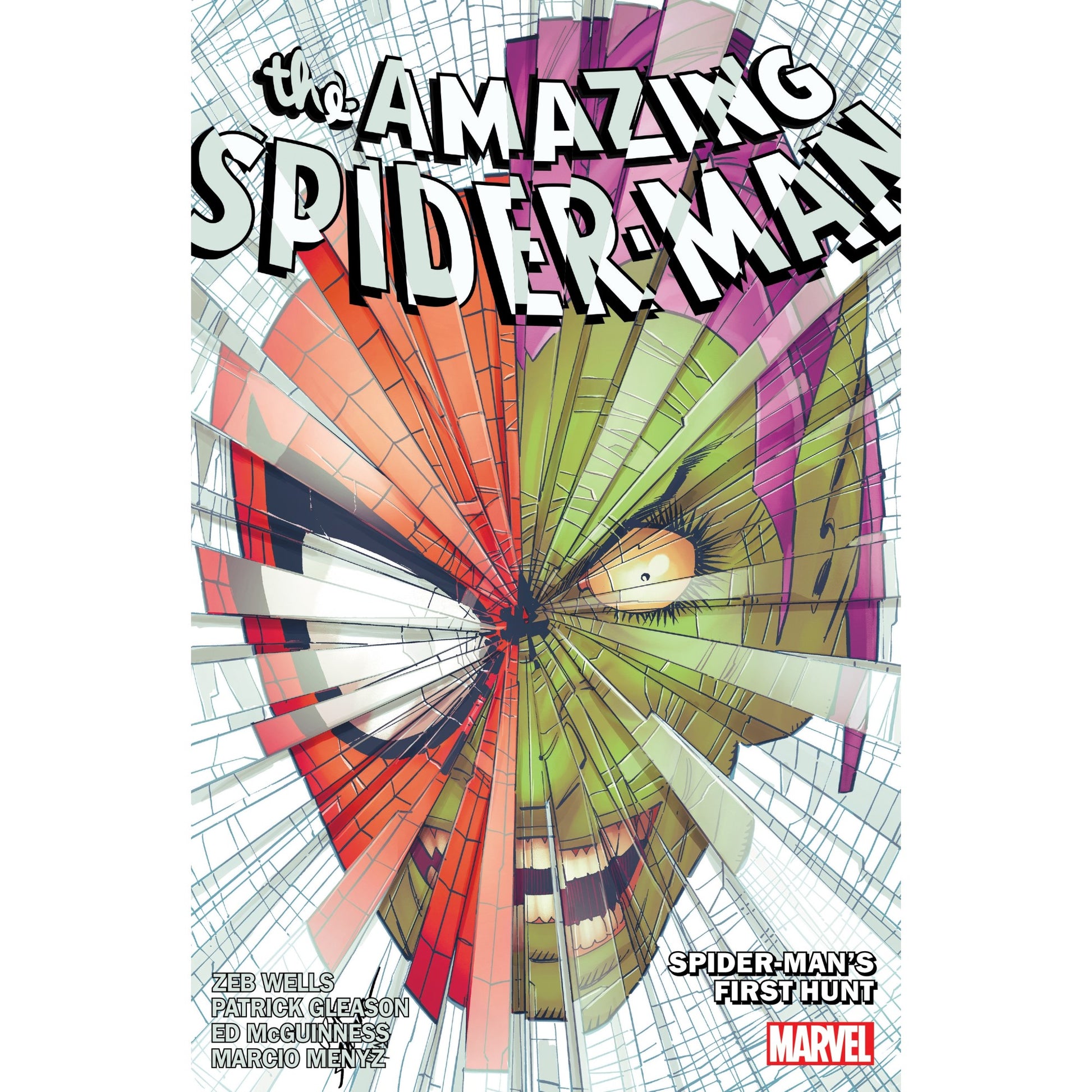 Amazing Spider-Man cover: Spider-Man mask and Green Goblin face split by a shattered glass effect