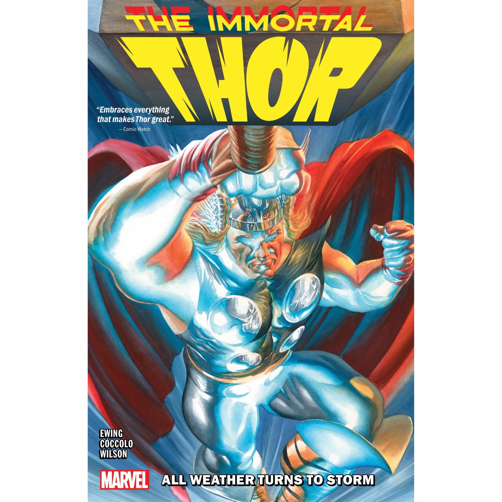 The Immortal Thor comic cover: Thor in armor -  red cape -  powerfully raises Mjolnir
