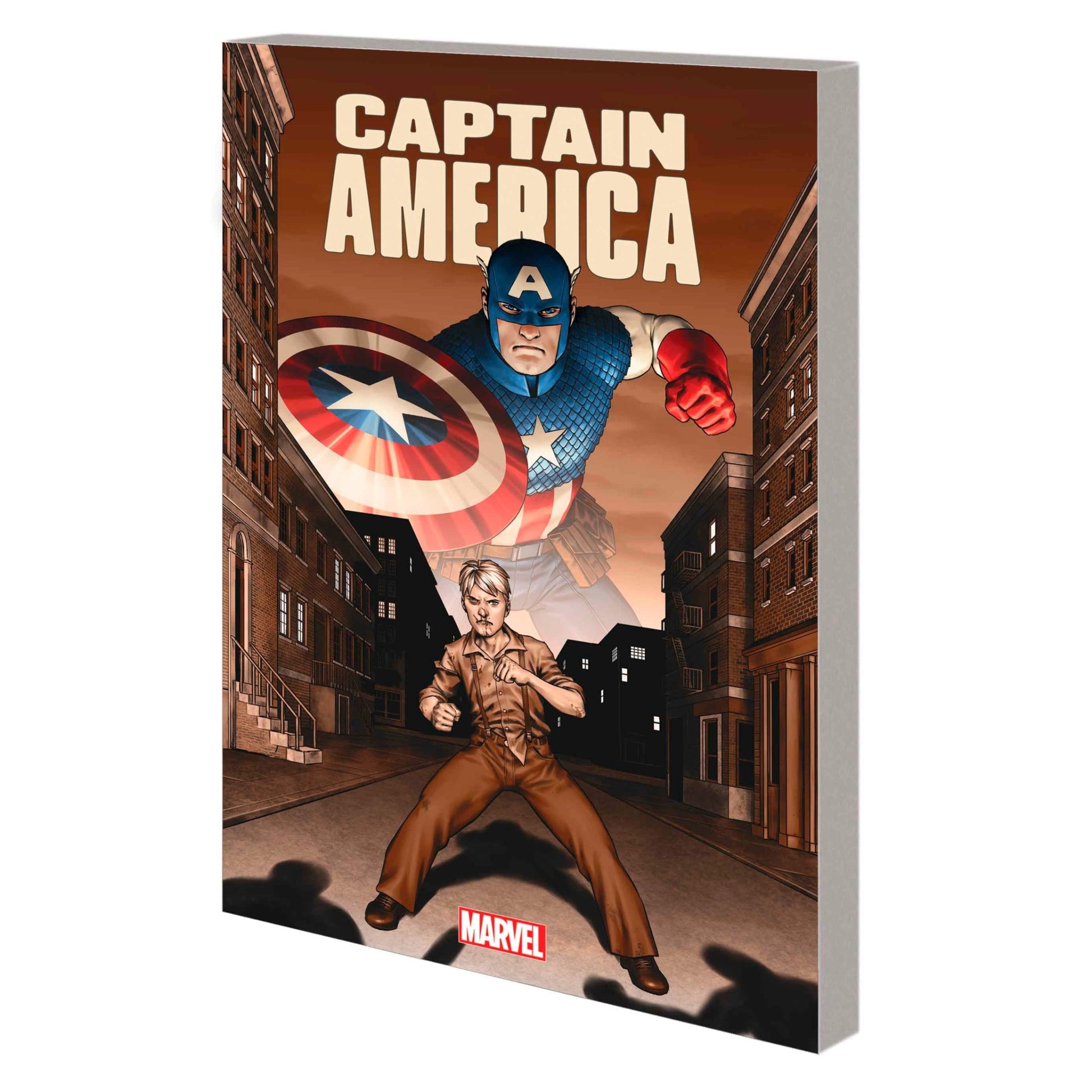 Comic cover: Captain America looms behind a scrawny, bloody-nosed Steve Rogers in a fighting stance in a city alley