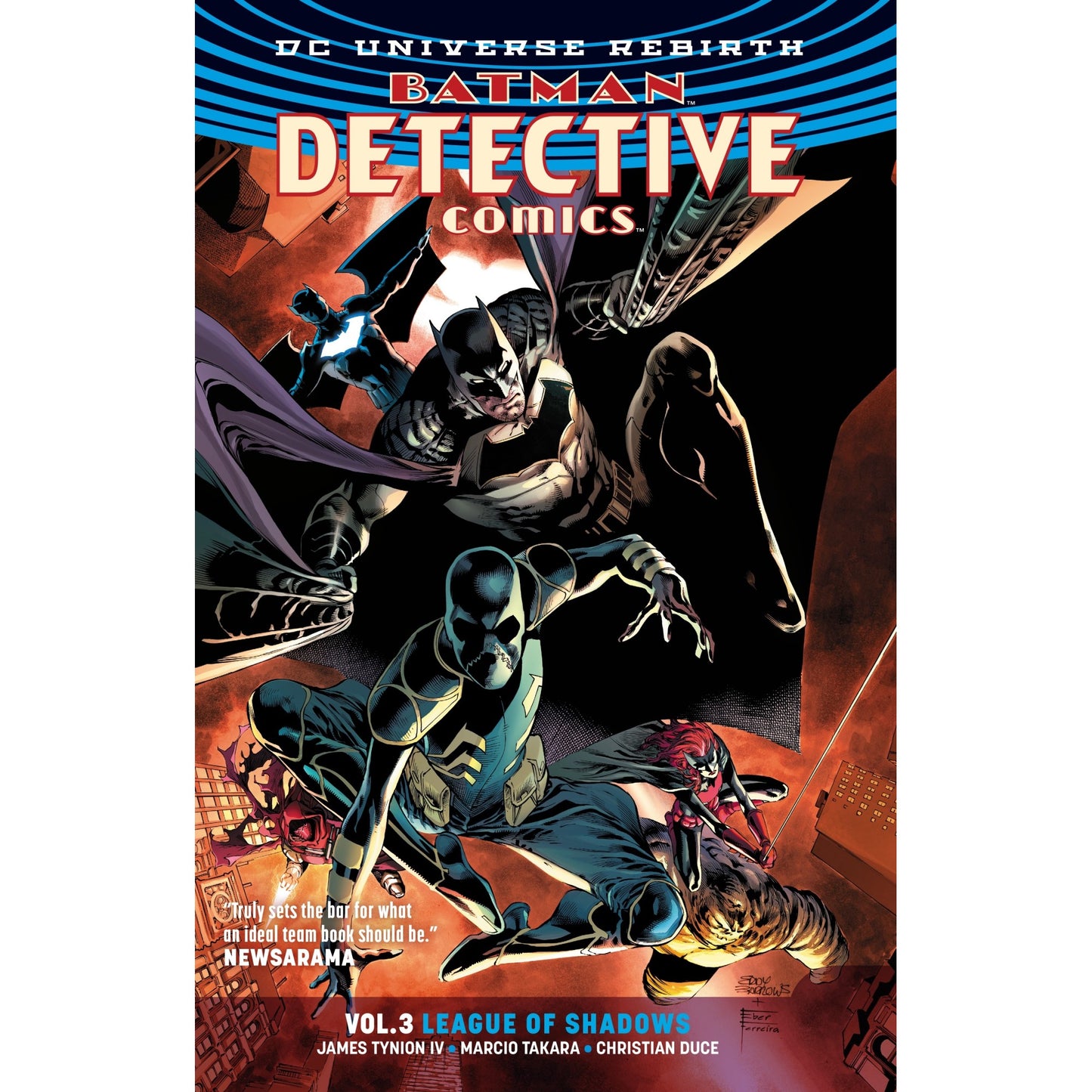Batman and Batwoman lead other heroes in a fierce battle against foes above a fiery city. Batman: Detective Comics Vol. 3: League of Shadows graphic novel cover