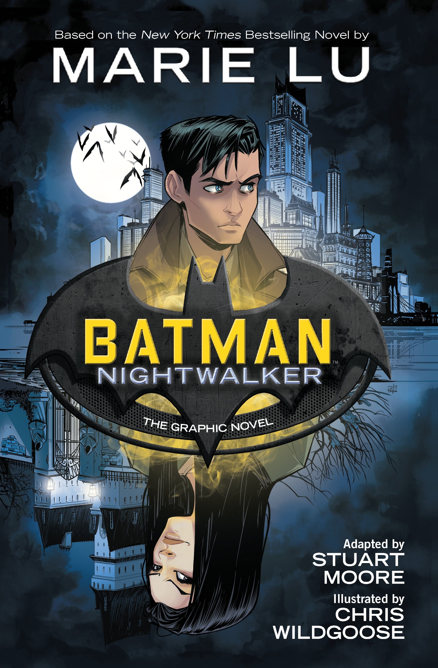 Batman: Nightwalker graphic novel cover: Young Bruce Wayne gazes over a dark city, a woman's face reflected upside down from a mansion below
