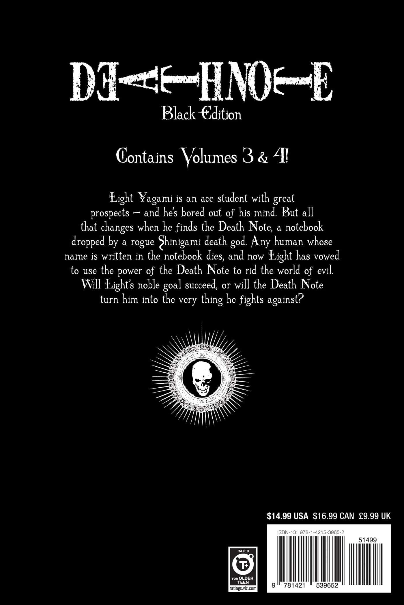 The black cover of a Death Note Black Edition manga book displays the white title, an explanatory text paragraph, and a circular white emblem of a skull with radiating lines