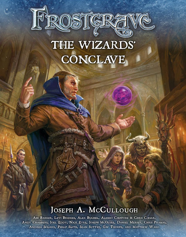 Frostgrave The Wizards' Conclave book cover shows a wizard casting a spell surrounded by other figures