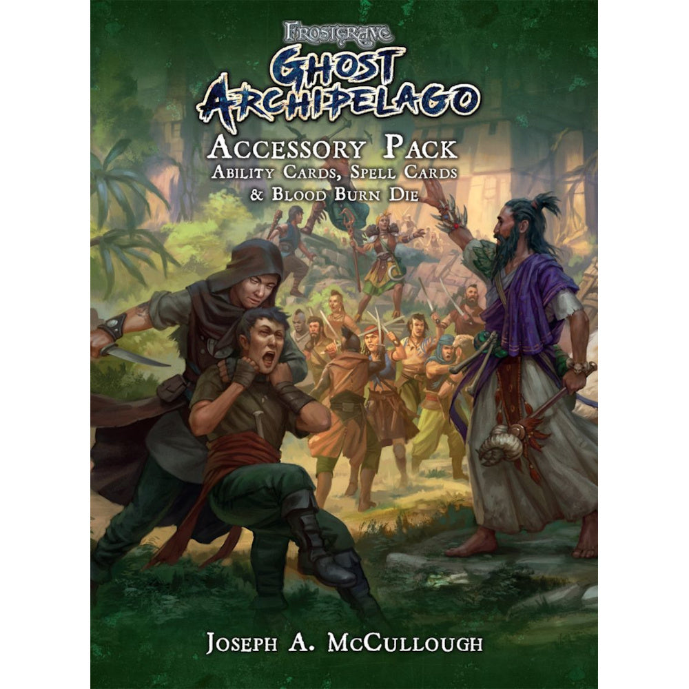 Frostgrave Ghost Archipelago cover: A hooded man chokes another; a wizard gestures to an armed crowd in a jungle setting