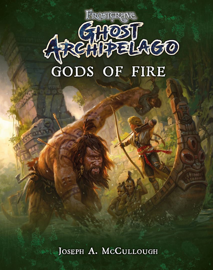 Intense fantasy scene: a one-eyed giant fights a human archer and his crew in a detailed wooden canoe amidst lush jungle ruins
