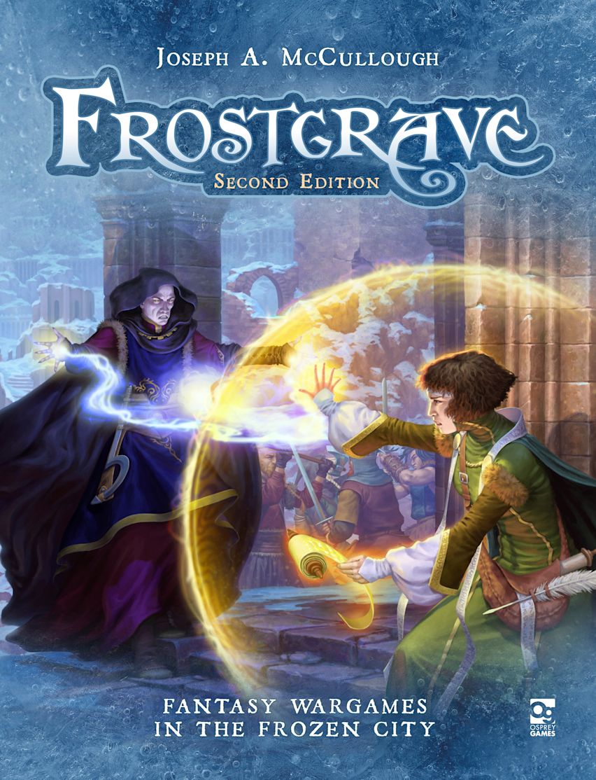 Two spellcasters battle with magic in a ruined, frozen city, dark-robed wizard and lighter-clad figure