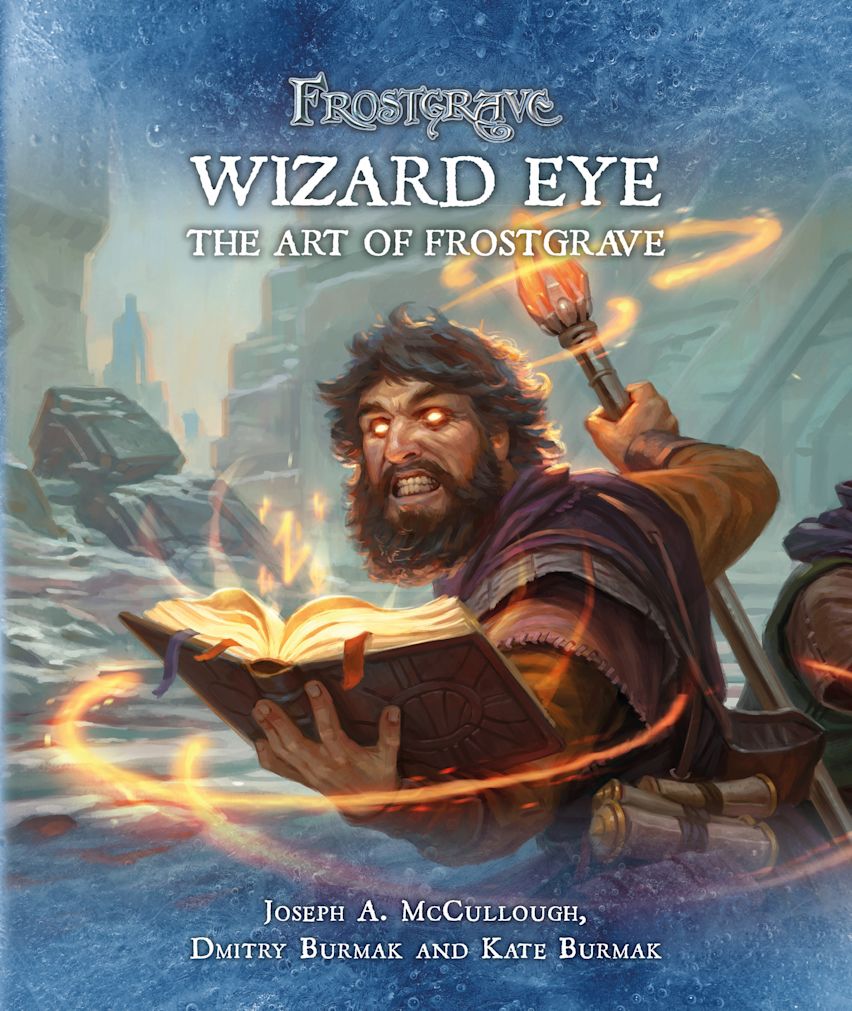 Bearded wizard with glowing eyes holds a magic book and staff, surrounded by orange energy, in a snowy ruin